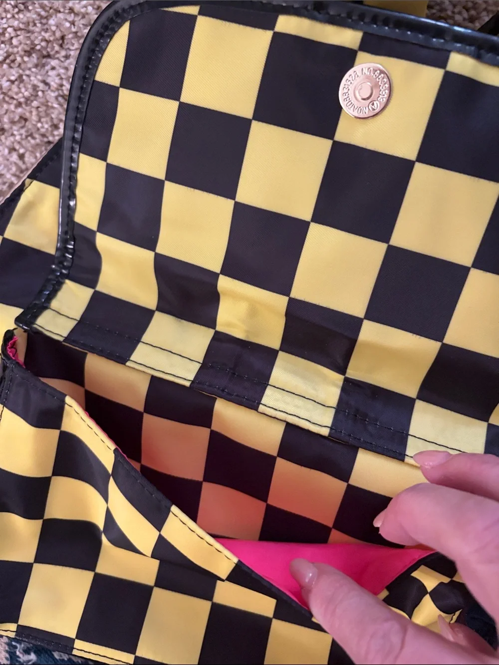 Betsey Johnson Yellow and Black Checkerboard Backpack with Patch Details